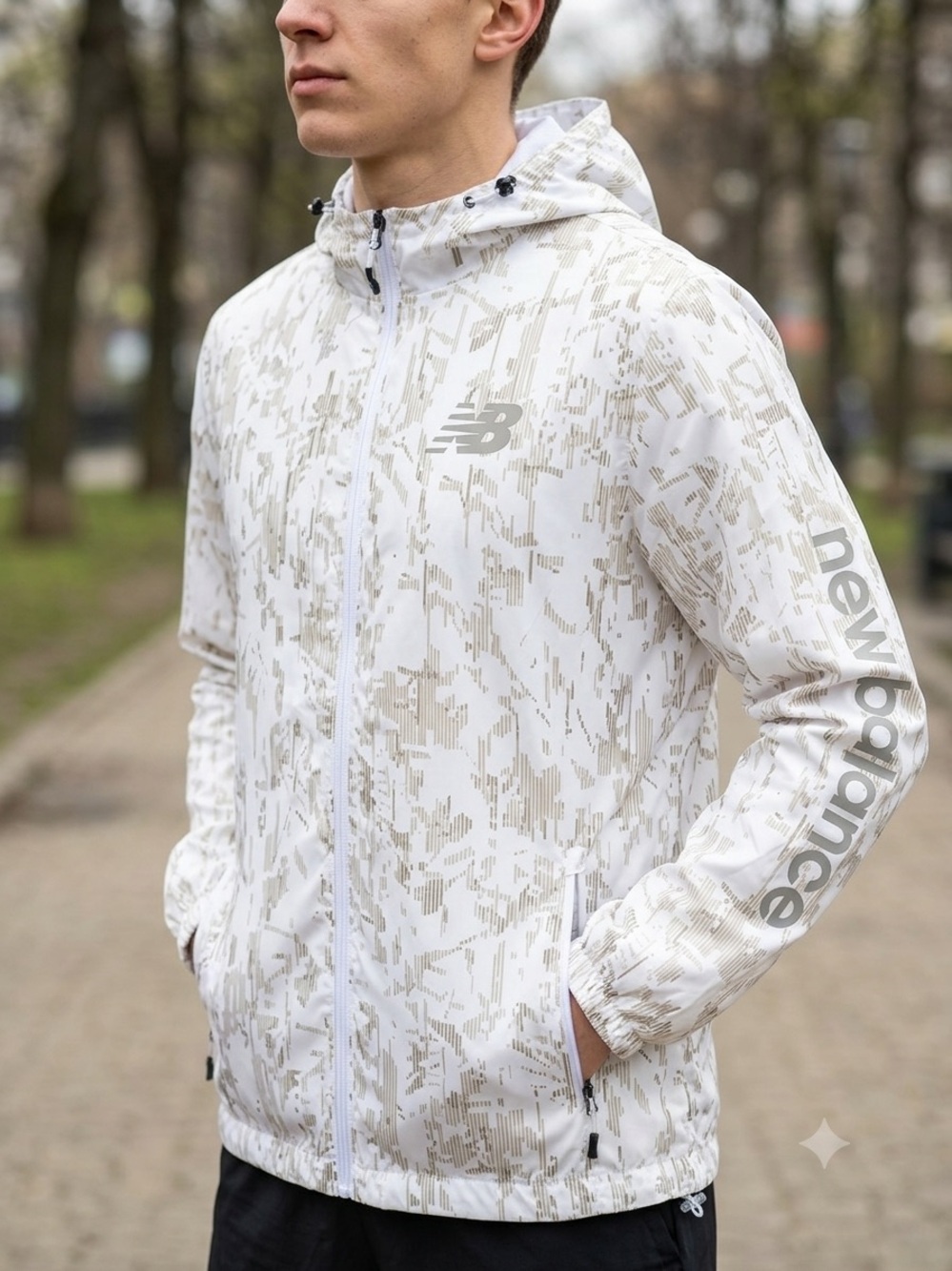 MSRP $99 NWT New Balance White Patterned Water-Resistant Windbreaker – Size M - Picture 2 of 6